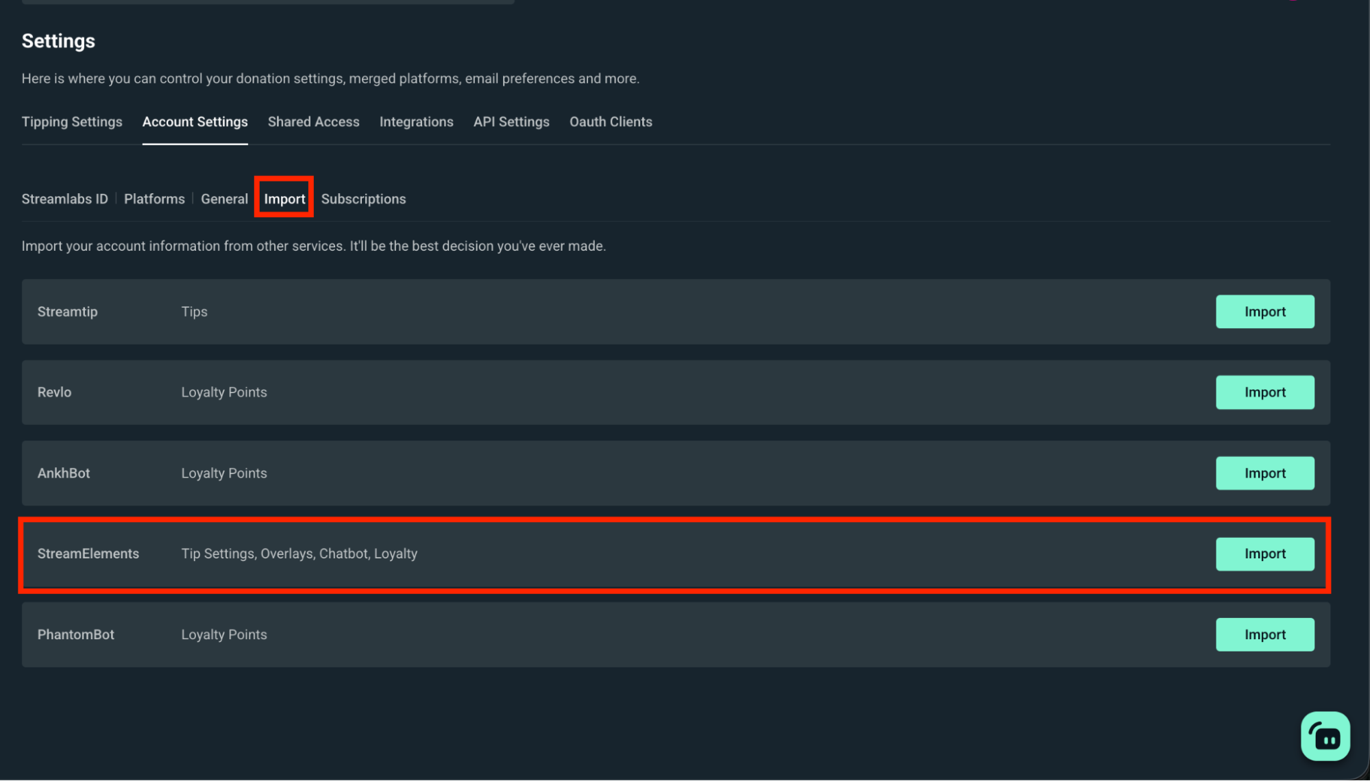main screen of streamlabs streamelements importer
